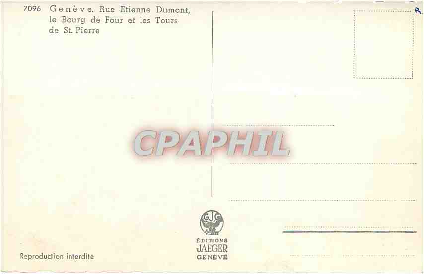 CPM Geneve Rue Etienne Dumont le Bourg de Four et les Tours de St Pierre  — Verso