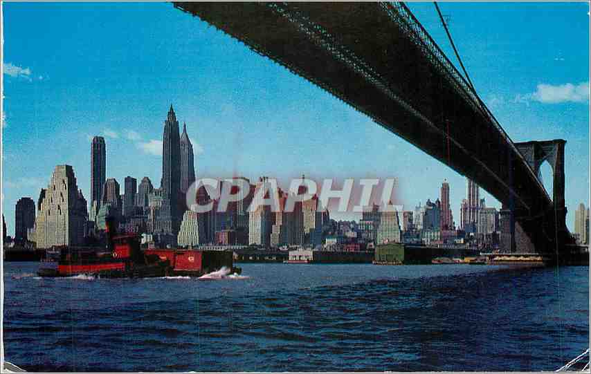 CPM Lower Manhattan Skyline Brooklyn Bridge overhead spanning the East River 