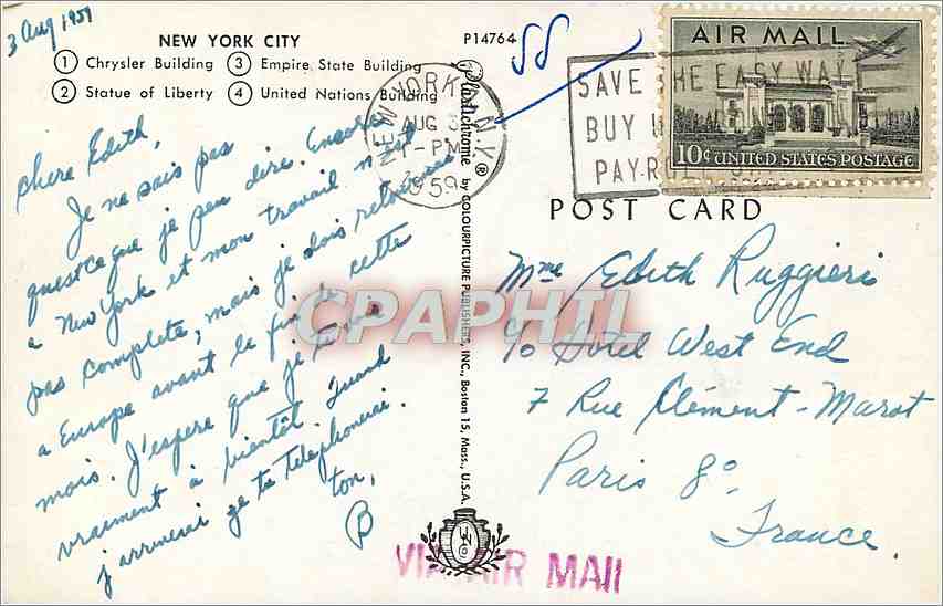CPM Greetings from New York City Chrysler Building Statue of Liberty Empire Statue Building United N — Rückseite