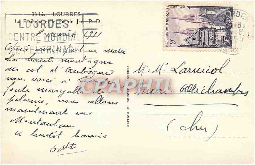CPM Lourdes La Basilique et le Pic du Jer  — Verso
