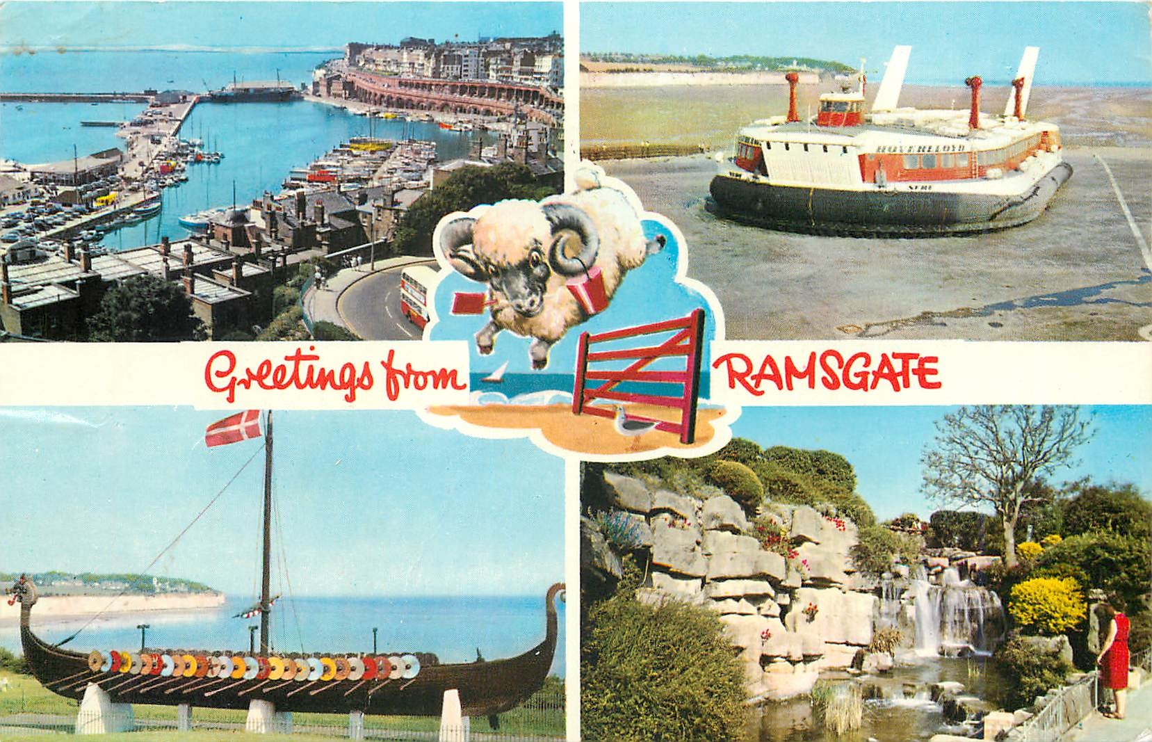 CPM Greeting from Ramsgate Town and Harbour International Hoverport Viking Ship The Waterfall Bateau
