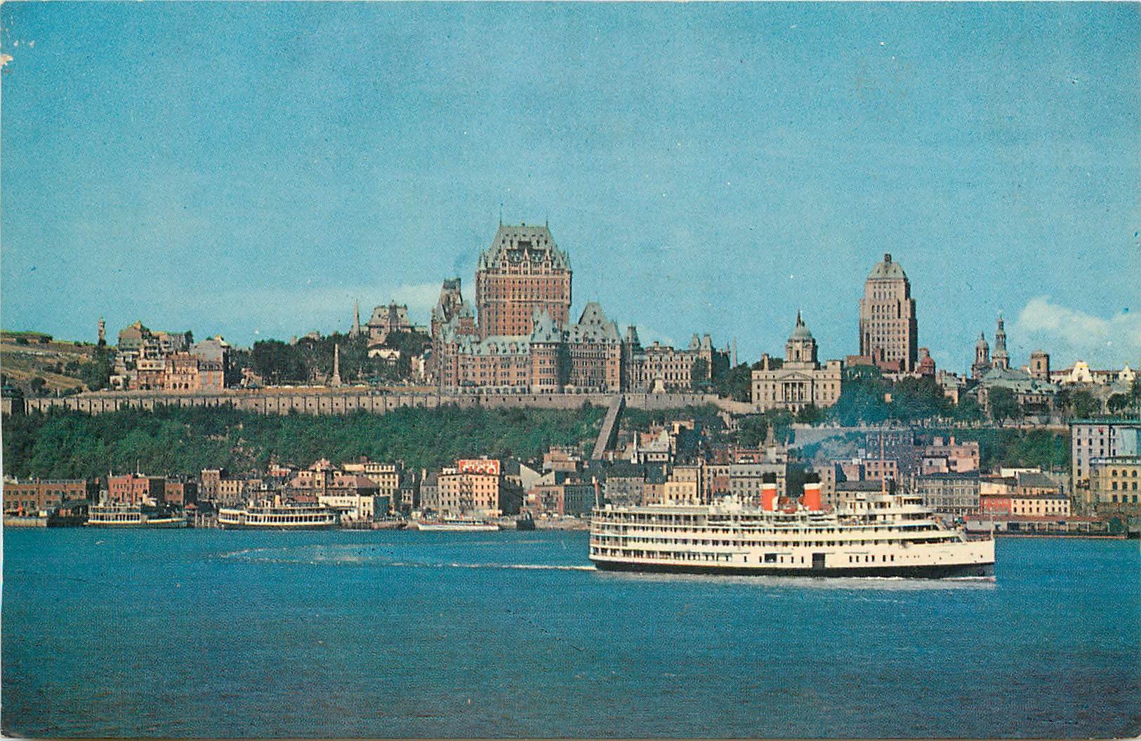 CPM The Quebec Waterfront and skyline showing a Saquenay cruise steamer passing the Chateau Frontena