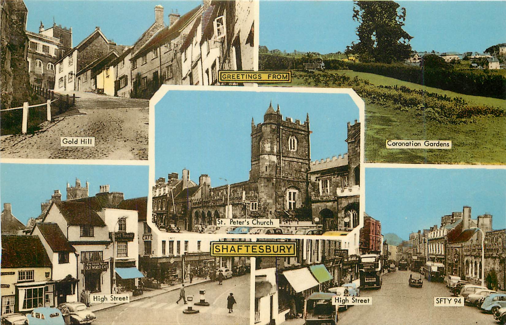 CPM Greetings from Shaftesbury Goldhill Coronation Gardens High Street St Peters Church 