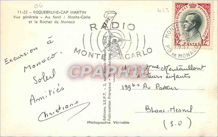 CPM Roquebrune Cap Martin Vue Generale Au fond Monte Carlo et le Rocher de Monaco  — Rückseite