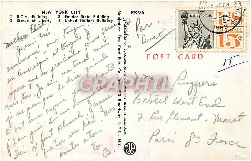 CPM New York City RCA Building Statue of Liberty Empire State Building United Nations Building  — Rückseite
