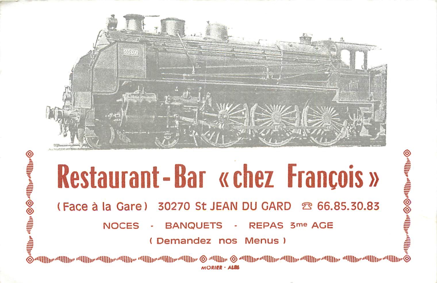 Carte de visite Restaurant Bar Chez Francis Face a la Gare St Jean du Gard  Train