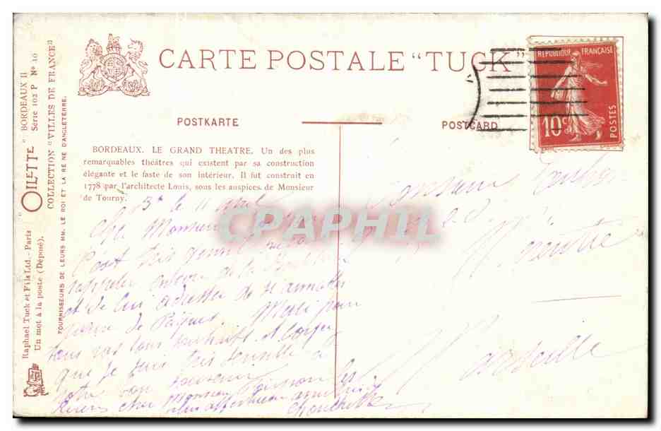 Bordeaux. Das Grand Theatre — Tuck, Serie P 102, Verlag Oilette — Rückseite