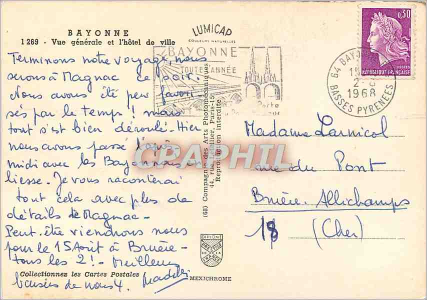 CPM Bayonne Vue generale et l'hotel de ville Bateaux — Verso