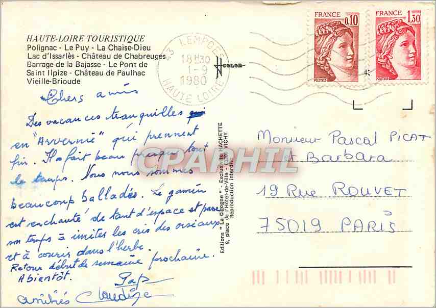 CPM Haute Loire Touristique Polignac Le Puy La Chaise Dieu Lac d'Issarles  — Rückseite