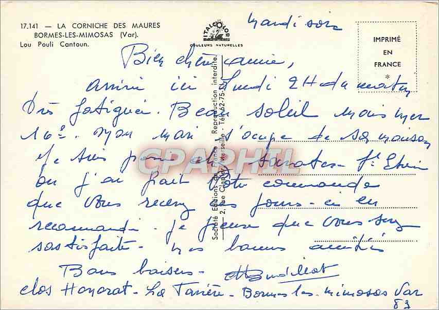 CPM La Corniche des Maures Bormes les Mimosas Var Lou Pouli Cantoun  — Rückseite