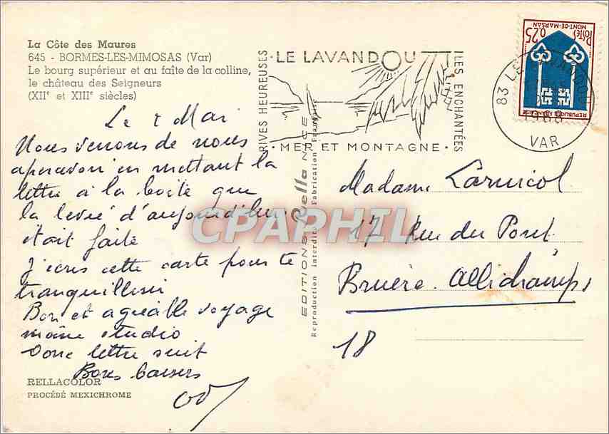 CPM Bormes les Mimosas Var Le bourg superieur et au faite de la colline  — Rückseite
