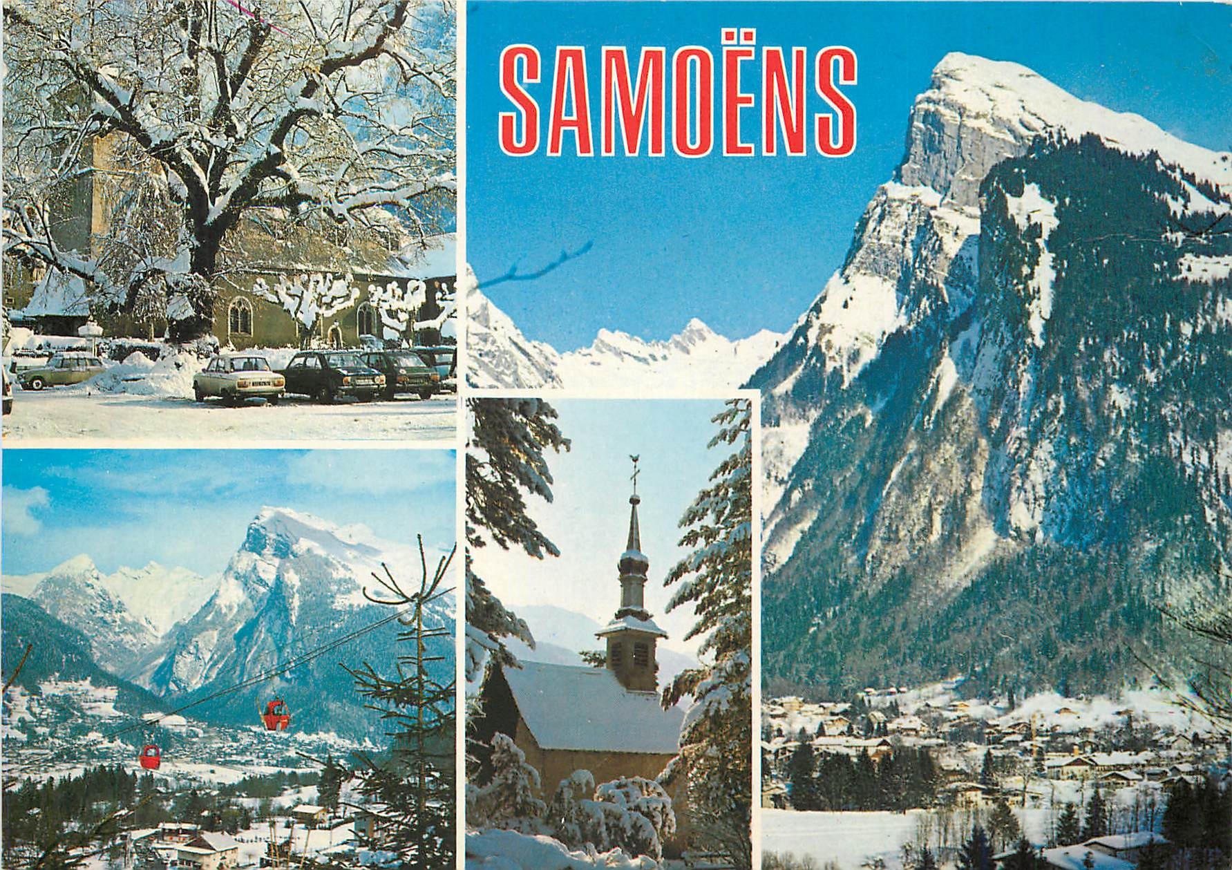 CPM Samoens Haute Savoie L'eglise et le gros Tilleul Vue generale et le Criou sous la neige 