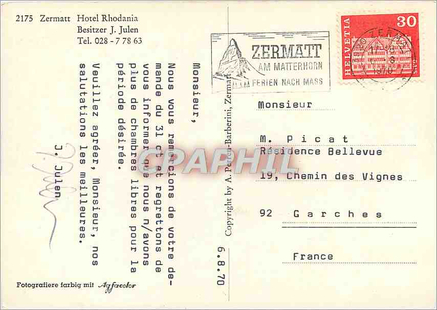 CPM Zermatt Hotel Rgodania Besitzer J Julen  — Rückseite