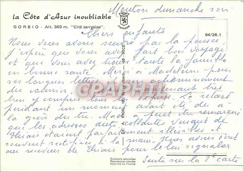 CPM La Cote d'Azur inouliable Gorbio Cite sarrasine  — Verso