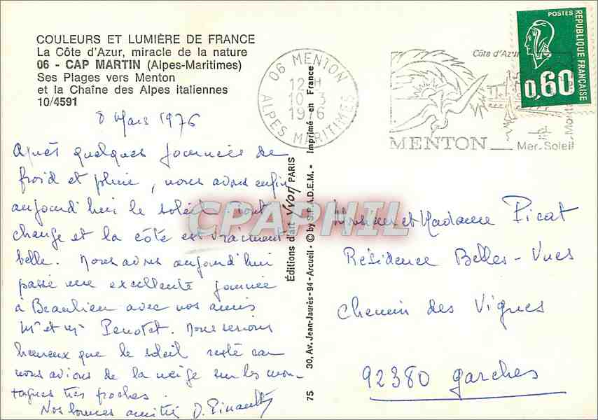 CPM Cap Martin Alpes Maritimes Ses plages vers Menton et la Chaine des Alpes Italiennes  — Rückseite