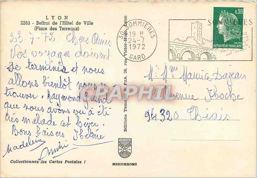 CPM Lyon Beffroi de l'Hotel de Ville Place des Terreaux  — Rückseite