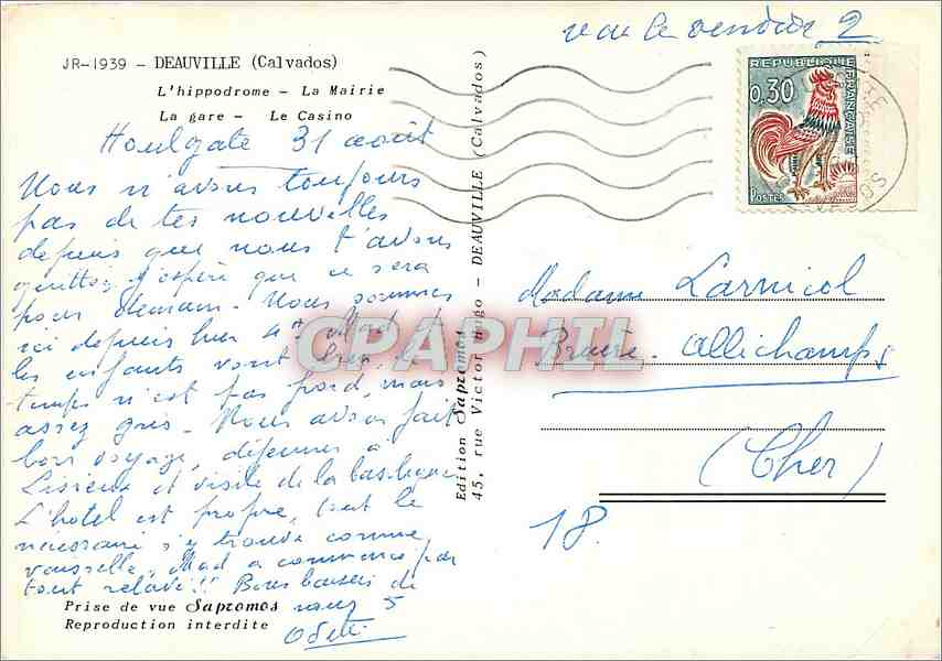 CPM Deauville Calvados L'hippodrome La Mairie La gare Le Casino  — Verso