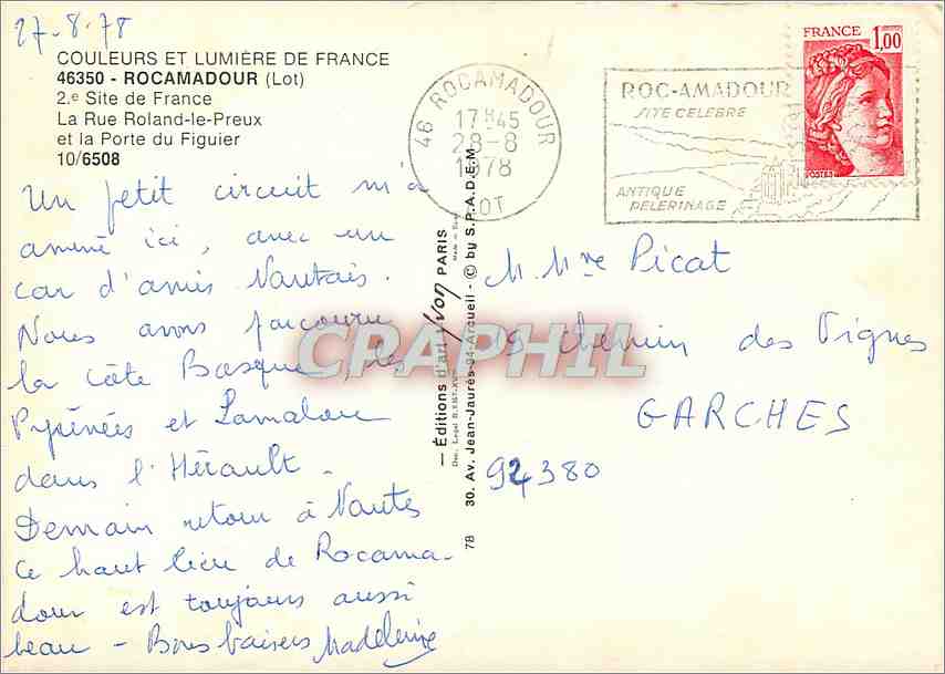 CPM Rocamadour Lot Site de France La Rue Roland le Preux et la Porte du Figuier  — Rückseite
