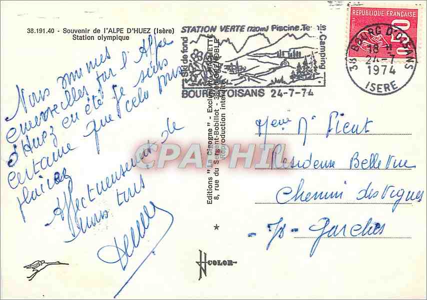CPM Souvenir de l'Alpe d'Huez Isere Station olympique  — Verso