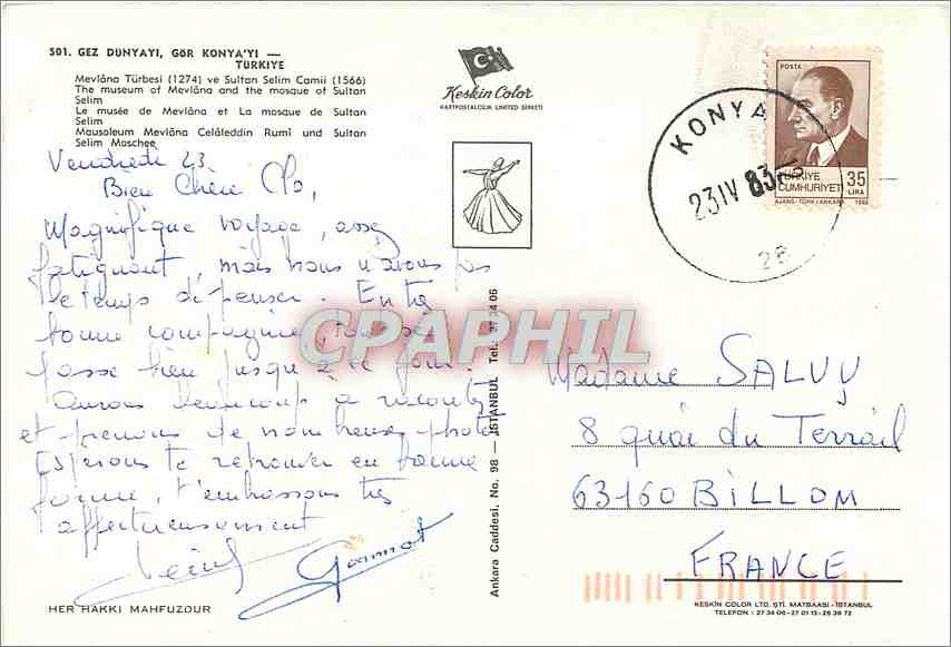 CPM Gez Dunyayi Turkiye Le musee de Mevlana et La Mosquee de Sultan Selim  — Verso