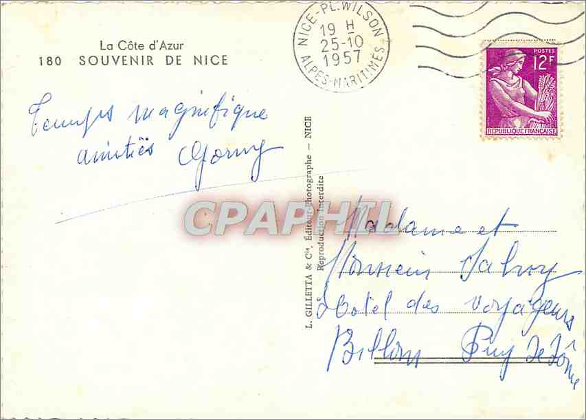 Nice — vue panoramique et palmiers — Souvenir de Nice, éd. L. Gilletta & Cie, n°180 — Verso