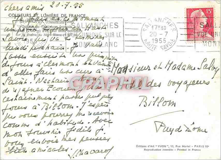 View of Mont-Blanc — Publisher YVON, no. 285 — Back