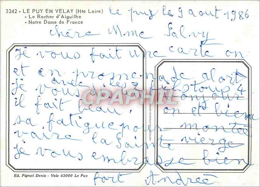 Le Puy-en-Velay — Le Rocher d'Aiguilhe et statue de Notre-Dame — Ed. Pignol Denis — Verso
