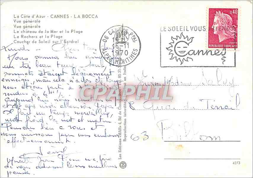 CPM La Cote d'Azur Cannes La Bocca Vue generale Le chateau de la Mer et la Plage  — Verso