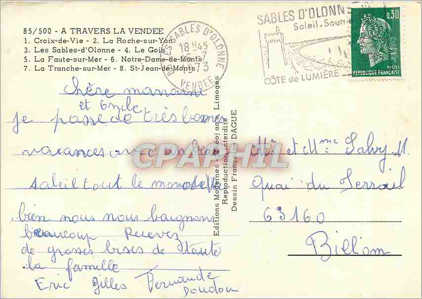 CPM A Travers la Vendee Croix de Vie La Roche sur Yon Les Sables d'Olonne Le Gois  — Verso