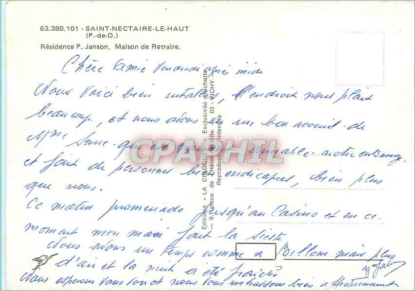 Saint-Nectaire-le-Haut — Résidence P. Janson, Maison de Retraite — Éditions LA CIGOGNE — Rückseite