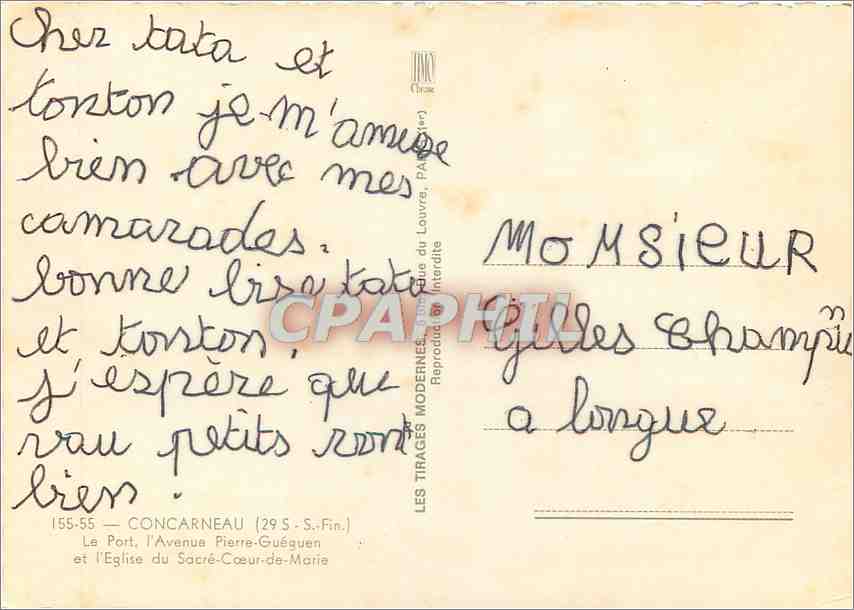 CPM Concarneau Le Port l'Avenue Pierre Gueguen et l'Eglise du Sacre Coeur de Marie Bateaux — Rückseite