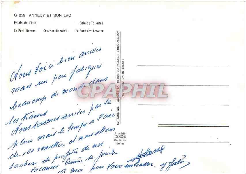 CPM Annecy et son lac Palais de l'Isle Baie de Talloires  — Verso