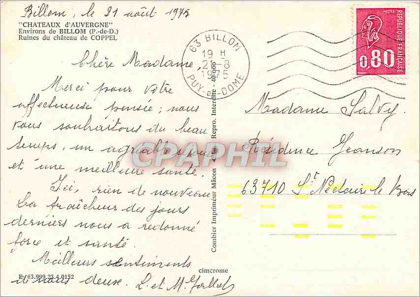 CPM Chateaux d'Auvergne Environs de Billom P de D  — Rückseite