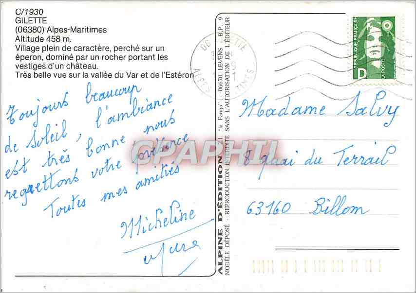 CPM Gilette Alpes Martimes Village plein de caractere perche sur un eperon  — Verso