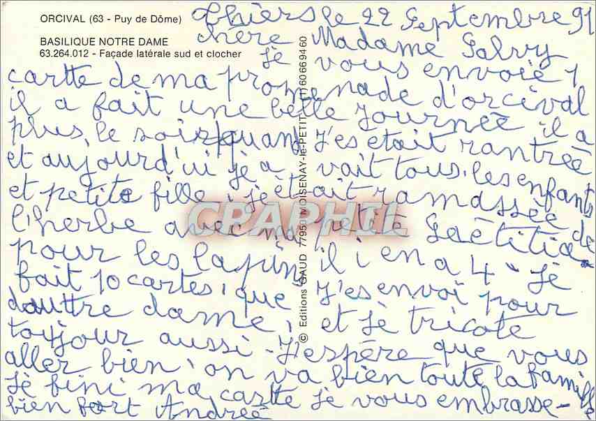 CPM Orcival Puy de Dome Basilique Notre Dame Facade laterale sud et clocher  — Rückseite
