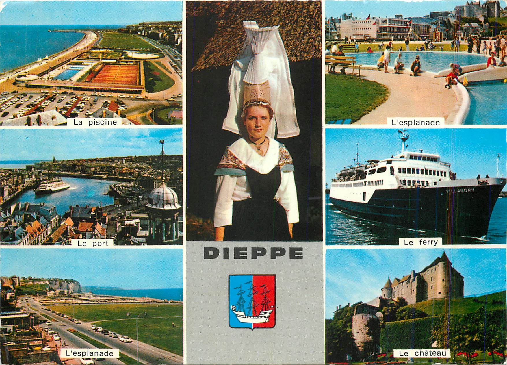 CPM Dieppe Seine Maritime La piscine L'esplanade Le port Le Ferry Bateau L'esplanade Le château