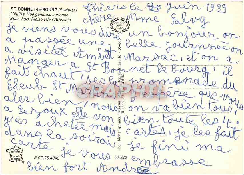 CPM St Bonnet le Bourg P de D L'eglise Vue generale aerienne  — Rückseite