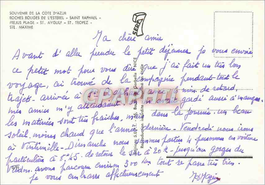 CPM Souvenir de la Cote d'Azur Roches rouges de l'Esterel Saint Raphael Frejus Plage St Aygulf  — Verso