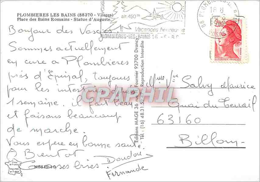 CPM Plombieres les Bains Vosges Place des Bains Romains Statue d'Auguste  — Verso