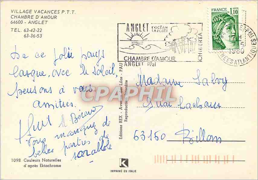 CPM Village Vacances PTT Chambre d'Amour Anglet  — Verso