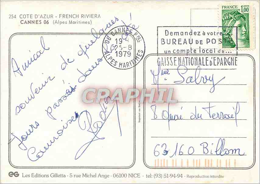 CPM Cote d'Azur French Rivera Cannes Alpes Maritimes  — Rückseite