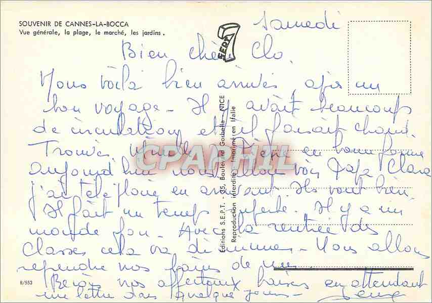 CPM Souvenir de Cannes La Bocca Vue generale la plage le marche les jardins  — Verso