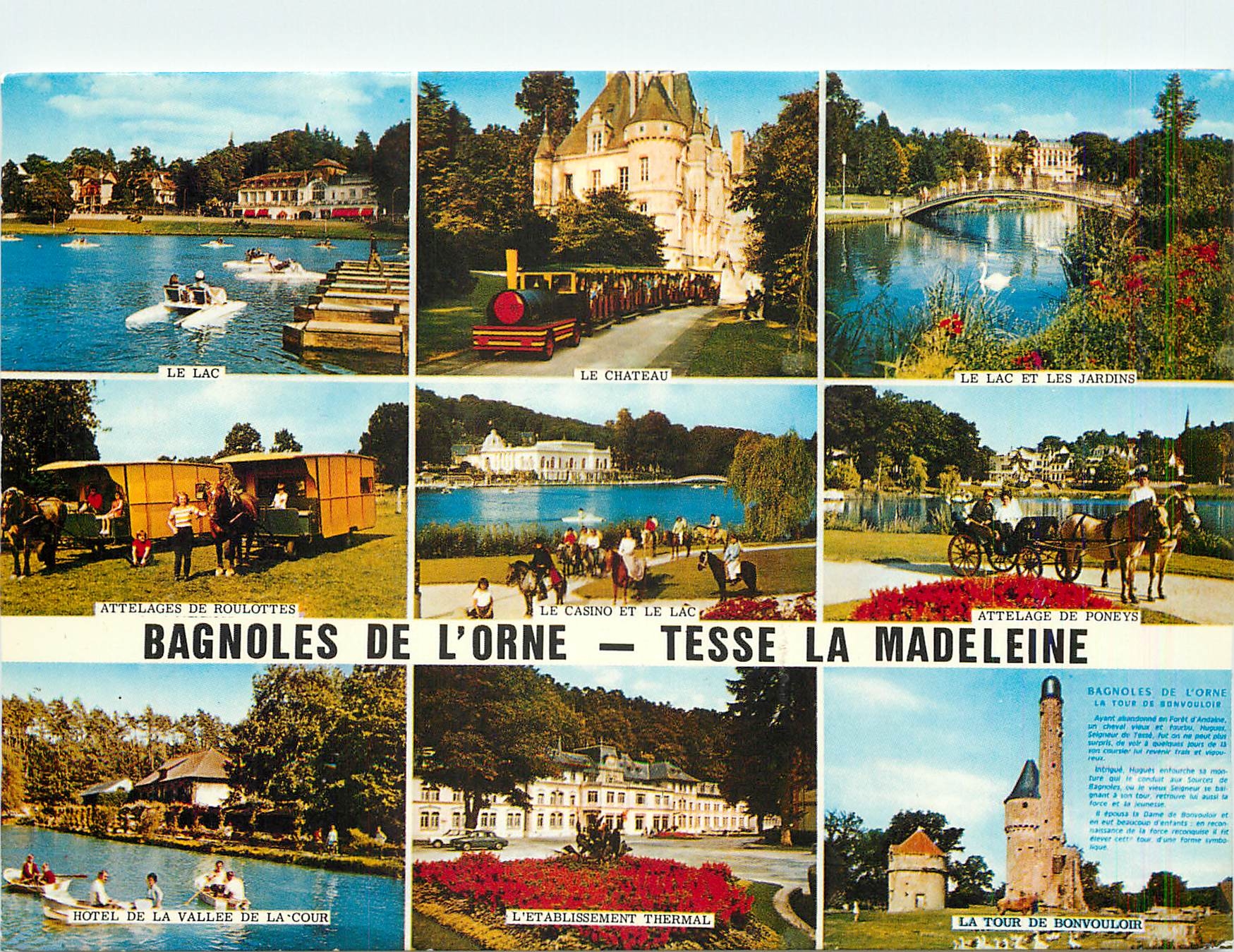 CPM Station Thermale de Bagnoles de l'Orne Le lac Le château Train Attelage de poneys Roulottes