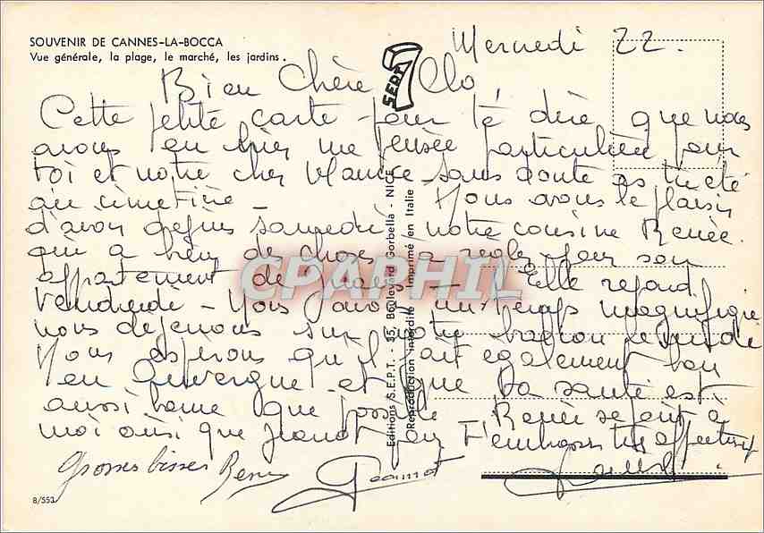 CPM Souvenir de Cannes La Bocca Vue generale la plage le marche les jardins  — Verso