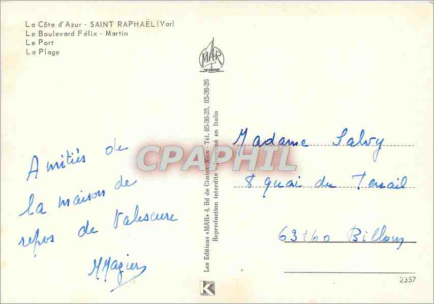 CPM La Cote d'Azur Saint Raphael Var Le Boulevard Felix Martin Le Port La Plage  — Verso