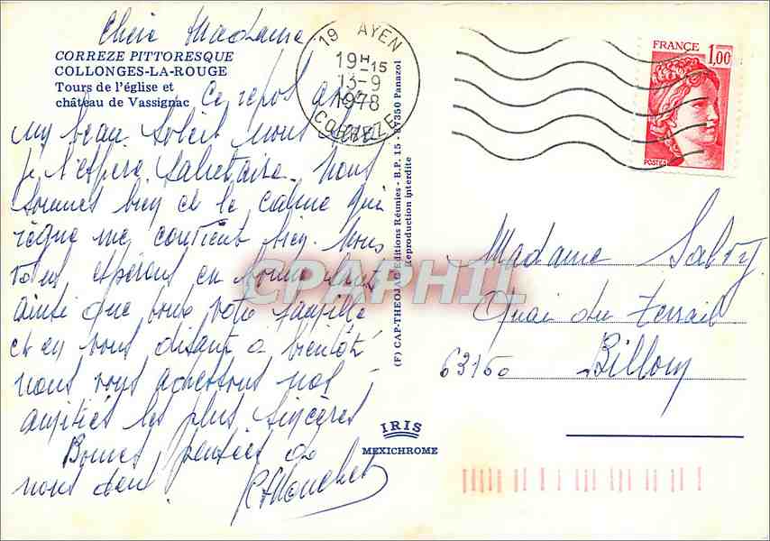 CPM Correze Pittoresques Collonges la Rouge Tours de l'Eglise et chateau de Vassignac  — Verso