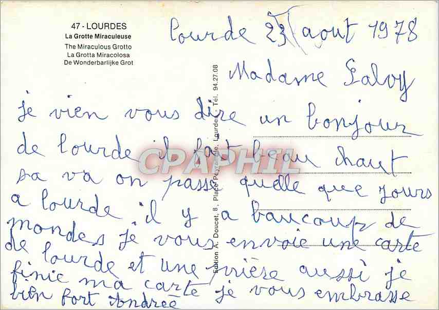 Grotte Miraculeuse de Lourdes — Éditeur A. Doucet, n°47 — Verso