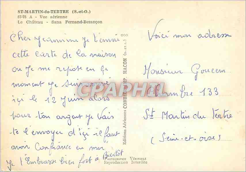 CPM St Martin du Tertre S et O Vue aerienne Le Chateau  — Back