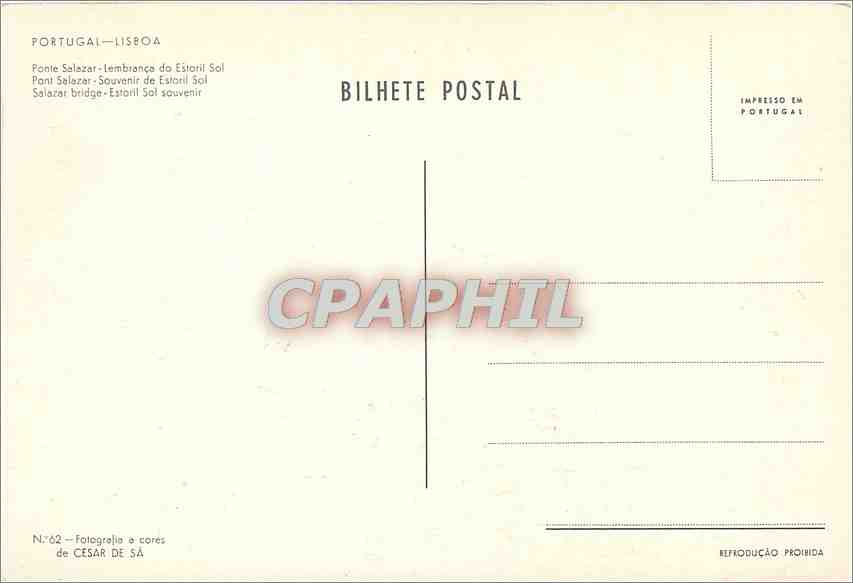 CPM Portugal Lisboa Pont Salazar Souvenir de Estoril Sol  — Rückseite
