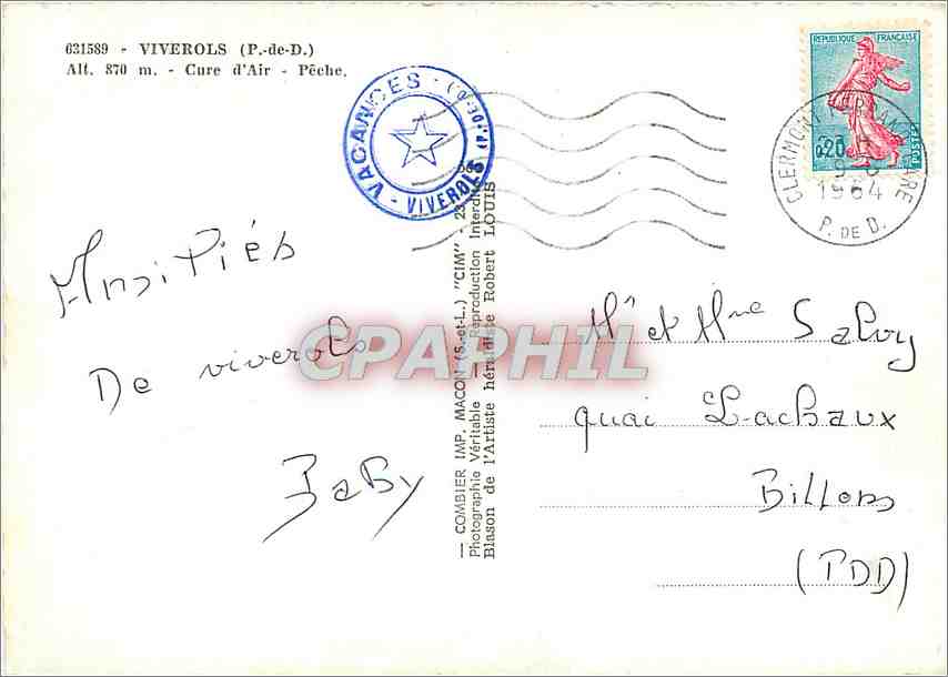 Viverols (P.-de-D.) — Collage de vues : L'église, la tour, le château, la Ligonne — Éditeur : Robert Louis — Reverso